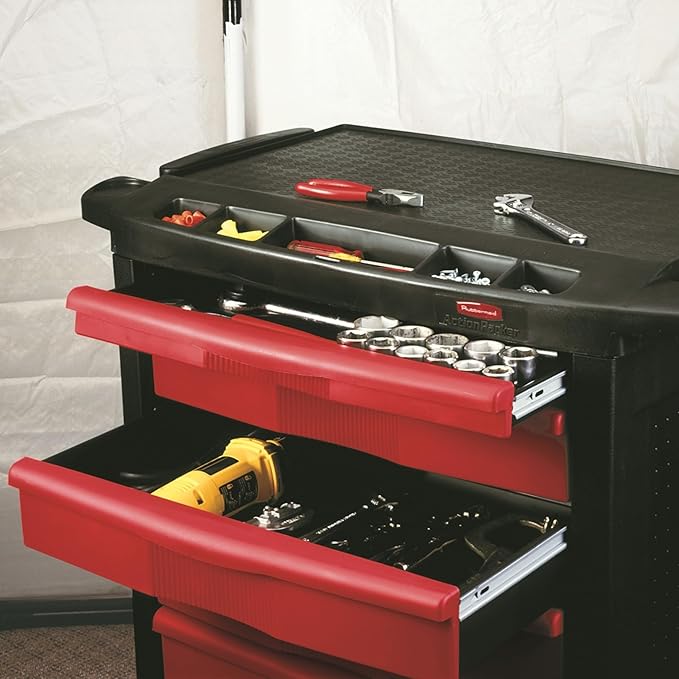 Rubbermaid Commercial Products Mobile Tool Work Center, 5 Drawers, 250 lb. Capacity, Black, for Warehouse/Garage/Cleaning/Maintenance