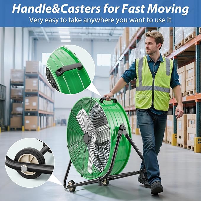 LifePlus 24 Inch Industrial Drum Fan, 320W High Velocity Floor Fan, 3 Speed Heavy Duty Metal Air Circulator, 360° Tilt with Casters Handle ETL Standard for Patios, Warehouse, Garage, 8900CFM，Green
