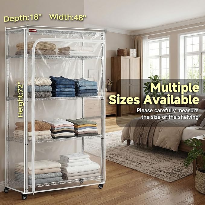 Clear PVC Wire Shelf Cover, 48" W x 18" D x 72" H, 3-Way Opening with Two-Way Zippers, Waterproof Transparent Shelving Cover for Storage Rooms & Utility Areas, Laundry Room, Kitchen & Garage