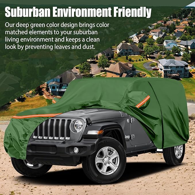 Waterproof Car Covers Replace for 2007-2025 Jeep Wrangler 4 Door, Multilayer Heavy Duty with Cotton Liner All Weather Car Cover with Zipper Door, Windproof Bands for Snow Rain Dust Protection
