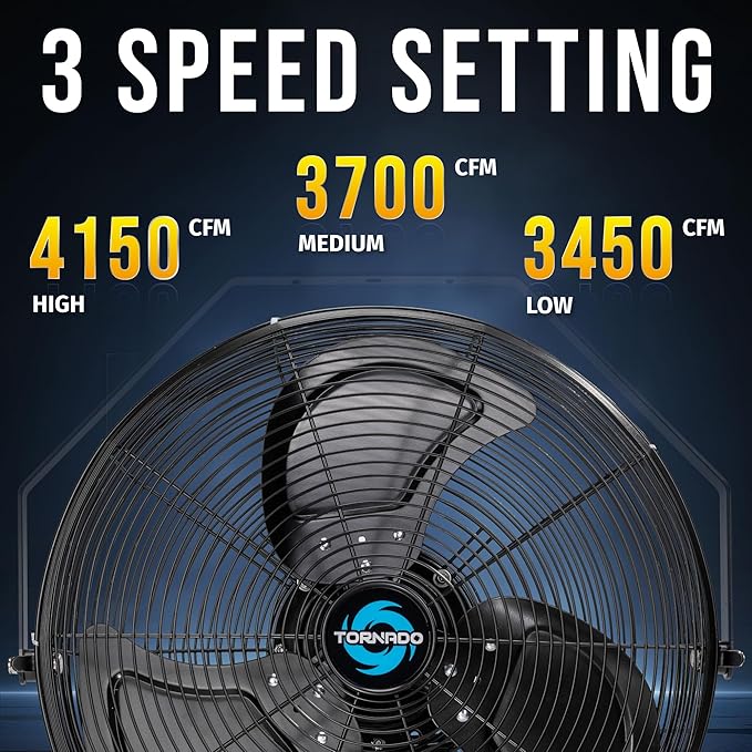 Tornado 18 Inch Outdoor Rated IPX4 Water-Resistant High Velocity Metal Industrial Wall Mounted Fan For Commercial, Industrial, Residential Use 3 Speed 4150 CFM 6.6 FT Cord UL Safety Listed