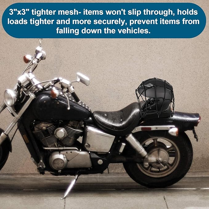 15.7"x15.7" 2Pack Bungee Cargo net Motorcycle, Made of Latex Heavy Duty Bungee Net Stretches to 33"x33", Luggage Thicken Netting with3 x3 Small Mesh&6 Adjustable Metal Hooks for Motorcycle, Bike, ATV