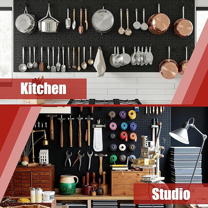 Peg Board 8 Pack Metal Pegboard Panels with 50 Hooks, Heavy Duty Pegboard Wall Organizer, Black Pegboards for Workbench, Garage Tool Storage, Office Organization, Kitchen, Craft Room