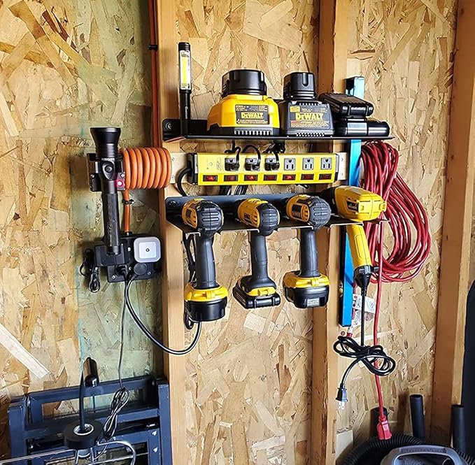 StoreYourBoard Electric Drill Storage Rack Shelf, Holds 4 Drills, Hanging Wall Mounted Organizer for Garage, Home, Workshop, Shed
