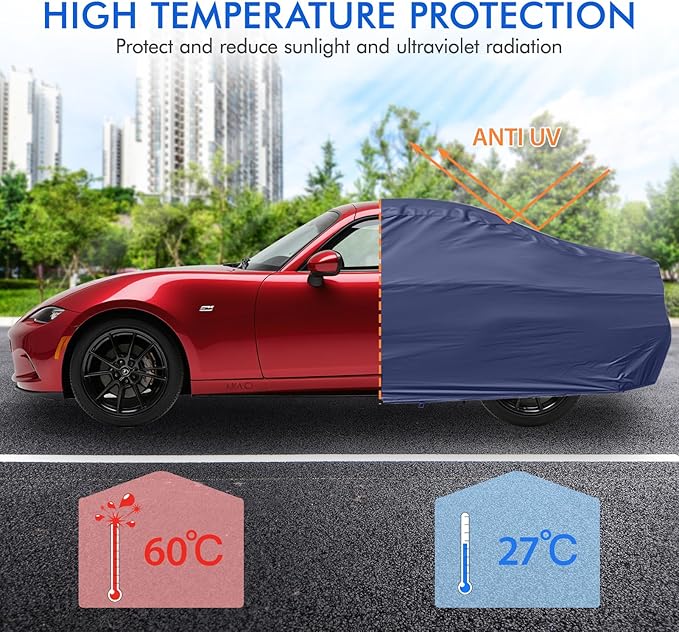 Car Cover Waterproof All Weather, 6 Layers Outdoor Full Exterior Cover Rain Sun UV Snowproof Protection with Zipper Cotton, Mirror Pocket for Mazda MX-5