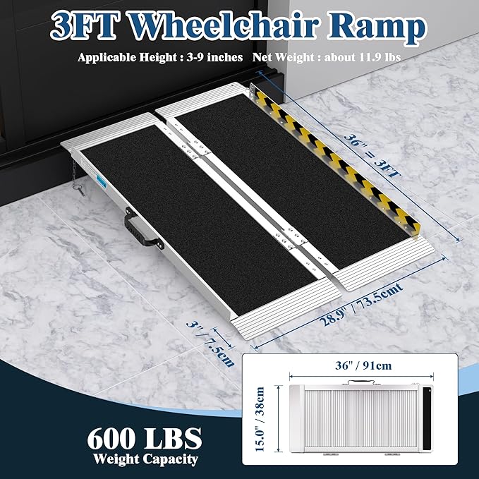 Portable Wheelchair Ramp 3FT, Non-Slip Aluminum Folding Handicap Ramp for Home Steps, 600LBS Capacity Threshold Ramp for Doorways, Stairs, Scooters