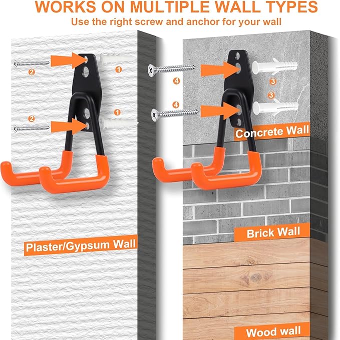 EZ COZY 16 Pack Garage Hooks Heavy Duty – Wall Mount Utility Hooks for Hanging, Garage Organization, Tool Hangers for Garage Wall, Ladder Holders, Assorted Sizes with Mounting Screws (Orange)