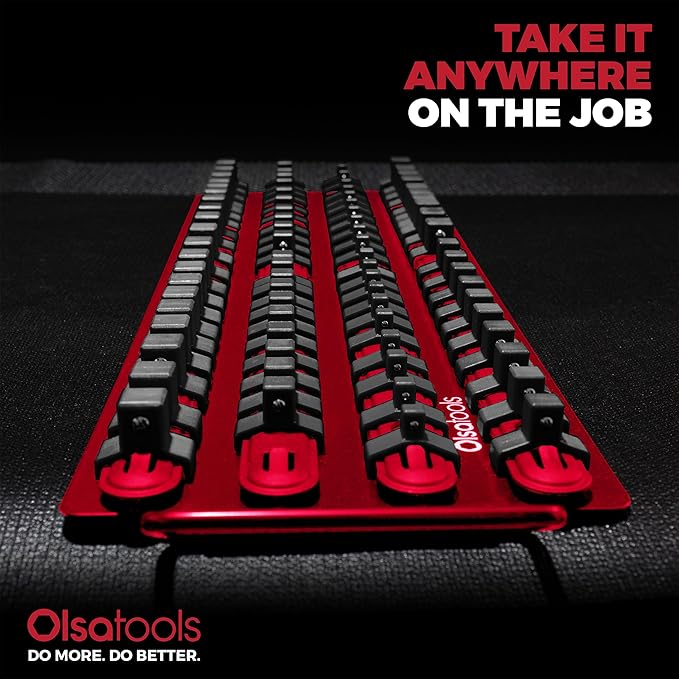 Olsa Tools Socket Organizer Tray - Portable Red Rail with Black Clips - Stores 80 Sockets Securely - Professional-Grade Socket Holder - Part 1047