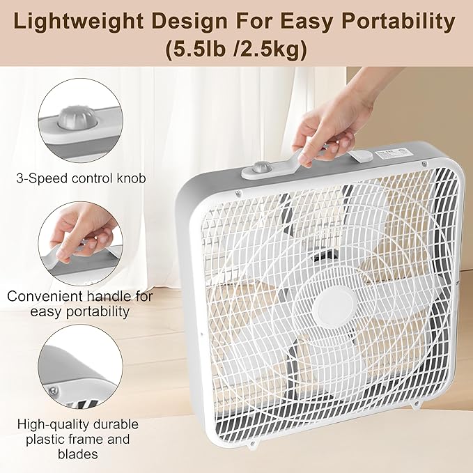 Xcity 20 Inch Box Fan with Carry Handle, Portable Powerful and Quiet 3-speed Floor Fan with Protection Net, Durable 70W Lightweight for Bedroom Study Home