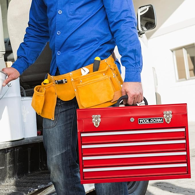 Metal Tool Box with 4 Drawers Portable Steel Tool Chest with Metal Cylinder Lock and Latch Closure, Liner, Red Powder coating, suitable for Garage, Warehouse and Outdoor Repair job