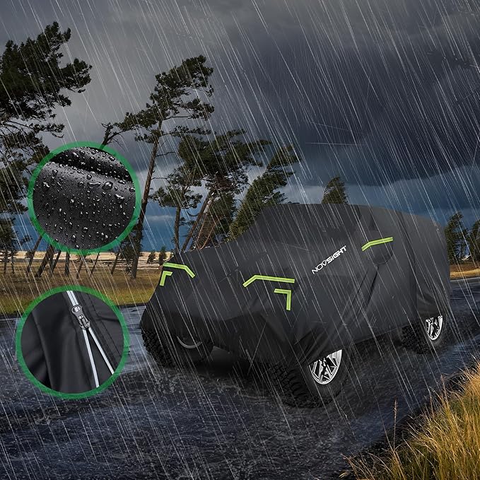 NOVSIGHT Car Cover for Jeep Wrangler 2 Door - Waterproof All Weather Outdoor Cover (2007–2025 JK JL), Windproof with Straps, 210D Oxford Fabric, Reflective Strips