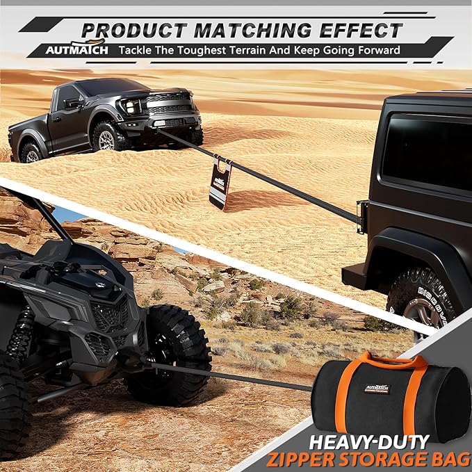 AUTMATCH Kinetic Recovery Tow Rope 1" x 20FT - Heavy Duty Offroad Snatch Strap 48000Lbs, 35% Elasticity Energy Recovery Tow Rope for 4x4 Off-Road Vehicle, Truck, Trailer, ATV, UTV, Black