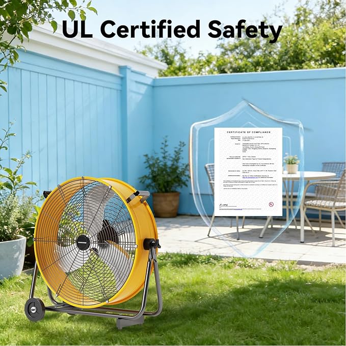 24 Inch Industrial Drum Fan 8800 CFM High Velocity Floor Fan for Garage, Warehouse & Workshop - 3-Speed Heavy Duty Metal Fan with 360° Tilt, Wheels & UL Safety Listed