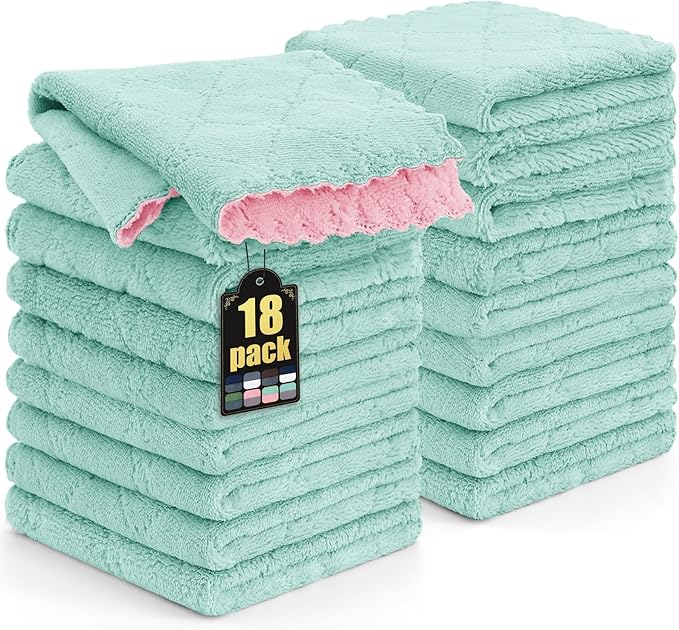 Mordimy 18 Pack Kitchen Cloths Dish Towels (10" x 10", Green & Pink), Super Soft and Absorbent Dish Cloths, Coral Velvet Microfiber Cleaning Cloth, Nonstick Oil Fast Dry Dishcloths