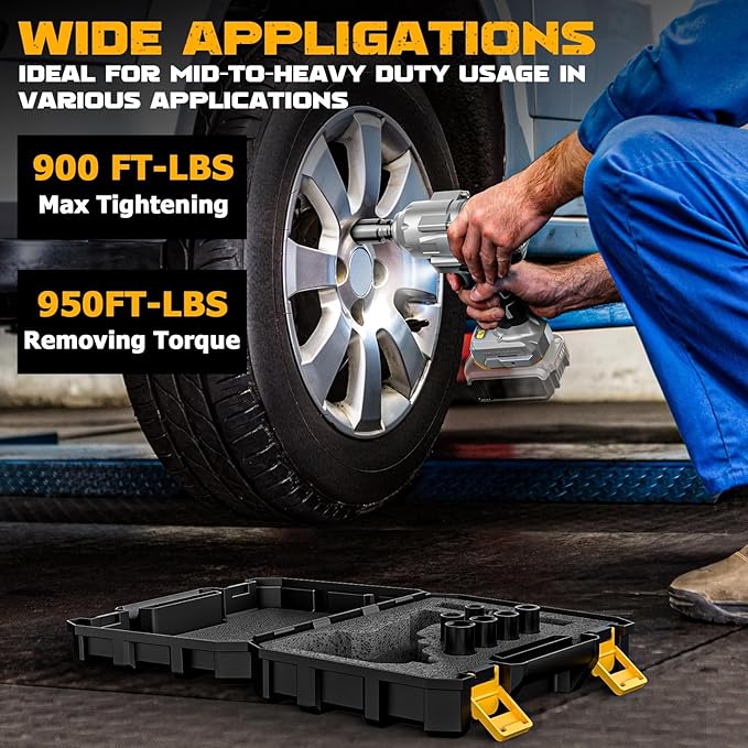Cordless Impact Wrench 1/2 inch for Dewalt Battery 900FT-LBS with 6 Sockets and Durable Toolbox Brushless Impact Gun Includes LED Work Light (950Ft-lbs Wrench with 6 Sockets)
