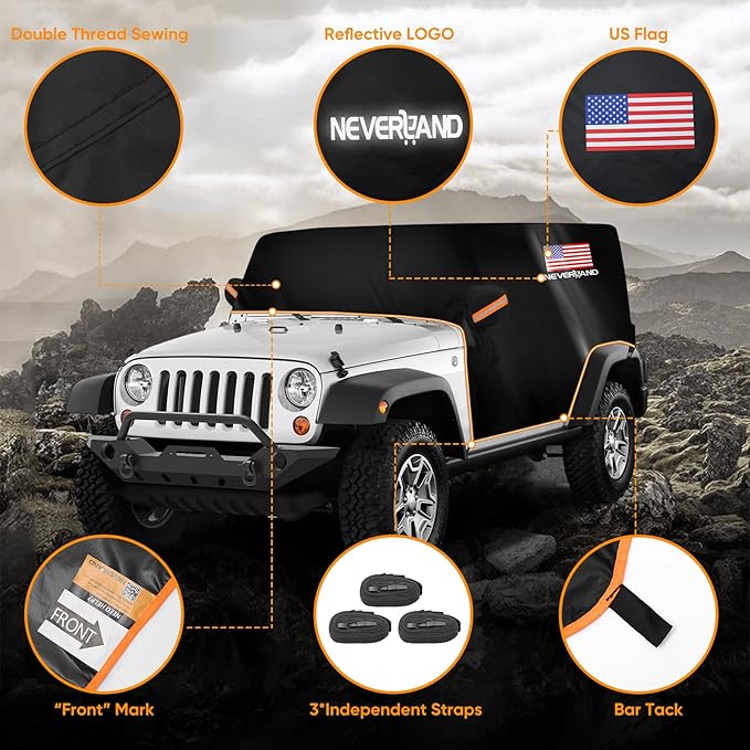 Wrangler Cab Cover for 2007-2025 Jeep Wrangler JK JKU JL JLU 4 Door,NEVERLAND Half Car Cover Waterproof Oxford with Reflective Strip,Sun Snowproof Cab Car Cover Black