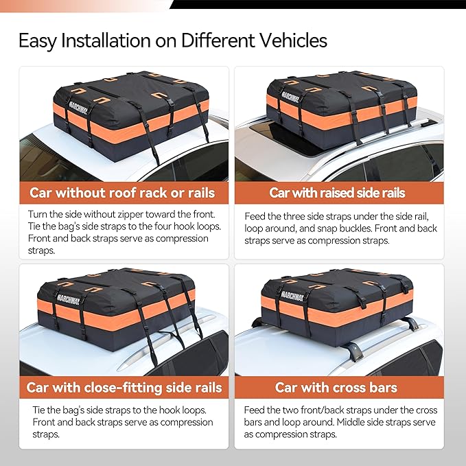 MARCHWAY Waterproof Car Roof Luggage Bag, Weatherproof Soft Shell Rooftop Cargo Carrier Bag for Vehicles with or Without Rack. 6 Door Hooks, Anti Slip Mat, Lock Included (15 Cubic Feet, Orange)