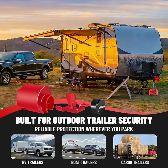 Trailer Lock Fits 2-5/16” Couplers, Heavy-Duty Trailer Hitch Lock with 304 Stainless Steel Core, Fixed Safety Chain Anti-Theft Ball Hitch Lock for RV, Boat, Utility & Cargo Trailers – Red