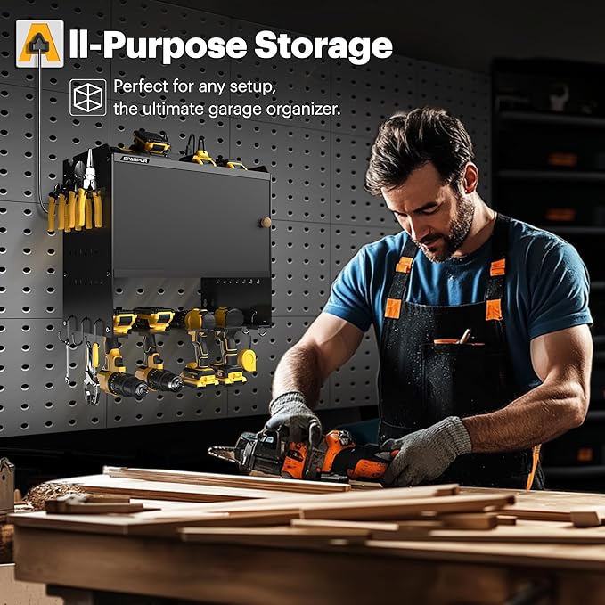 Spampur Power Tool Organzier with Charging Station, Garage Storage Cabinet with Doors and Shelves, Metal Wall Mount Rack with 4 Drill Holder/4 Outlet Power Strip, Tool Rack for Workshop/Shed/pegboard