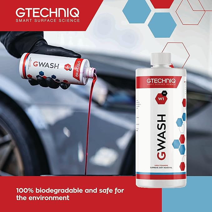 Gtechniq Car Shampoo. Auto W1 GWash Shampoo for Cars. Dirt and Stain Remover Car Cleaning Kit with Pink Grapefruit Fragrance. 100% Biodegradable Foam Cleaner, Wheel Cleaner and Screen Wash - 1L