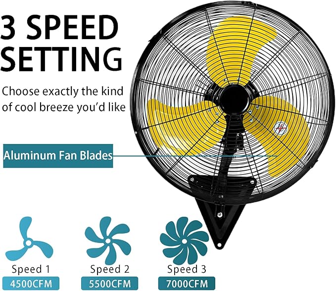 AZOUTDOOR Wall Mount Fan, 20" Oscillating Wall Fan with 7000CFM, 3-Speed, Upgrade Motor High Velocity Industrial Fans for Commercial, Garage, Residential and Patio Use, Yellow