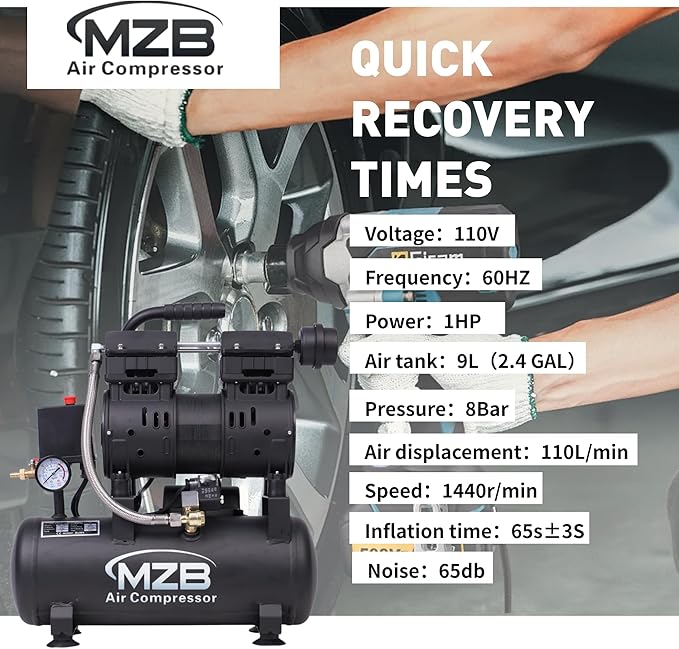 MZB 2.4 Gallon 1.0HP Ultra Quiet Air Compressor 110V/60Hz 5.65CFM, MAX 115PSI Steel Tanks Oil-Free 65 dB Noise Level Air Compressor for Spray Painting, Auto Repair, Carpentry Decoration