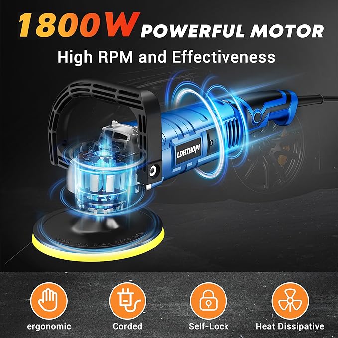 Buffer Polisher Kit for Car - 6/7 Inch Rotary 1800w Polisher Buffer Waxer,7 Variable Speed 1000-3500rpm,Detachable Handle Buffing Machine for Car, Boat Sanding, Polishing Waxing, Blue
