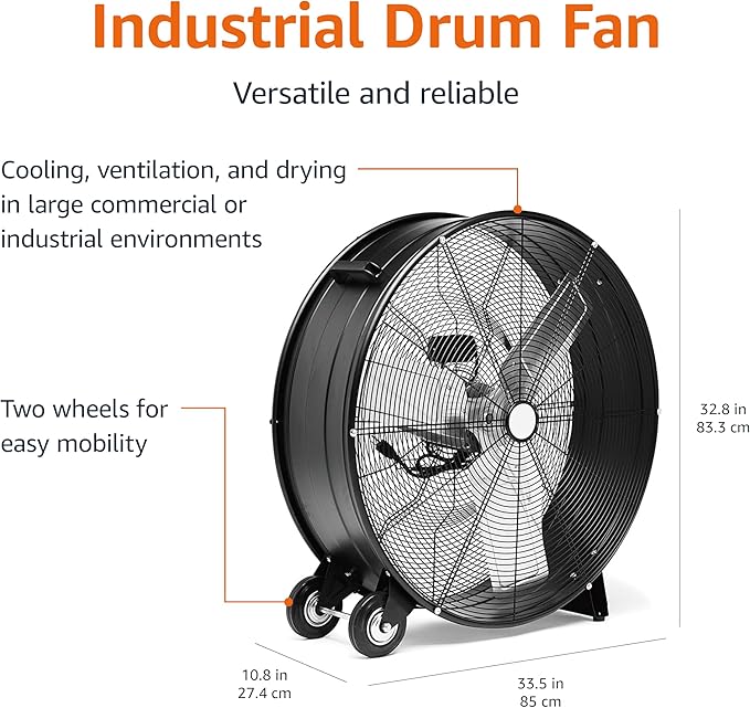 Amazon Basics 30" 300W High-Velocity Heavy-Duty Industrial Drum Fan for Cooling, Metal Housing, UL-Certified Safety Compliance, 2 Speeds, High CFM Up to 12,480, 5.9-ft Power Cord, 2 Wheels, Black