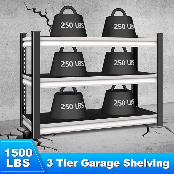 40" W Garage Shelving Heavy Duty,1500LBS Loads Adjustable Garage Storage Shelves,3-Tier Metal Storage Racks and Shelving Units,Utility Rack Shelves,40" W x 18" D x 36" H,White