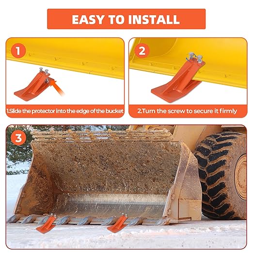 2Pcs Tractor Bucket Protector – 3/8” Thick Ski Edge Turf Tamer, Double Lock Nuts Bolts, Anti-Skid 4.5” Width for Snow Removal & Lawn Protection, Orange