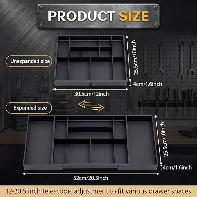2 Pack Tool Box Organizer Tray Divider, Expandable Desk Drawer Organizer with 12+2 Compartments, 12-20.5 Inch Large Toolbox Storage Tray, Toolbox for Rolling Tool Chest Cart Workbench