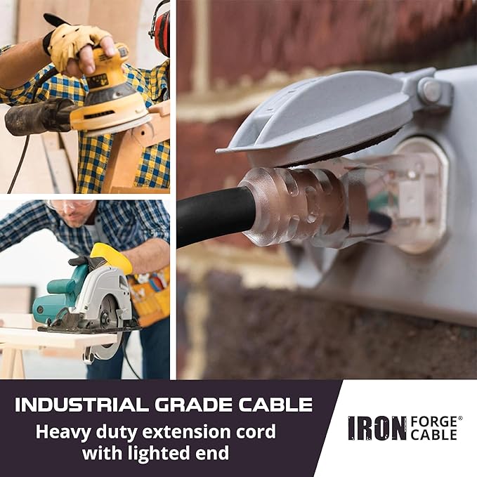 Iron Forge Cable 10 ft Lighted Outdoor Extension Cord - 10/3 SJTW Heavy Duty Black Extension Cable with 3 Prong 15 AMP Grounded Plug for Safety
