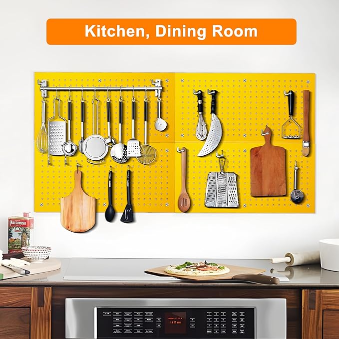 Metal Peg Board Panels for Workbench, Shop, Shed Modular Peg Board Organizer Board Kit, pegboard Wall Organizer(4 Pack, Yellow)
