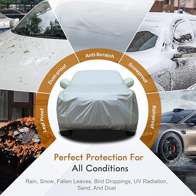 Tecoom Truck Cover Waterproof for Automobiles, Breathable Light Shell Windproof Sun Rain Snow Protection with Zipper Door & Lock, All Weather Outdoor Full Pickup Covers Fit Length Up to 245"