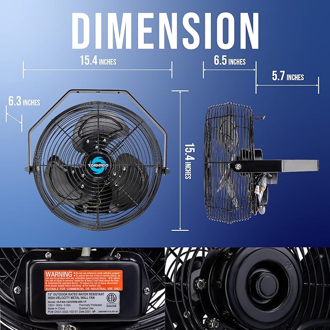 Tornado 12 Inch Outdoor Water-Resistant Metal Industrial Wall Mounted Fan IPX4 Rated High Velocity Wall Fan For Commercial, Industrial, Residential, 3 Speed 6.6 FT Cord cETL Safety Listed, Black