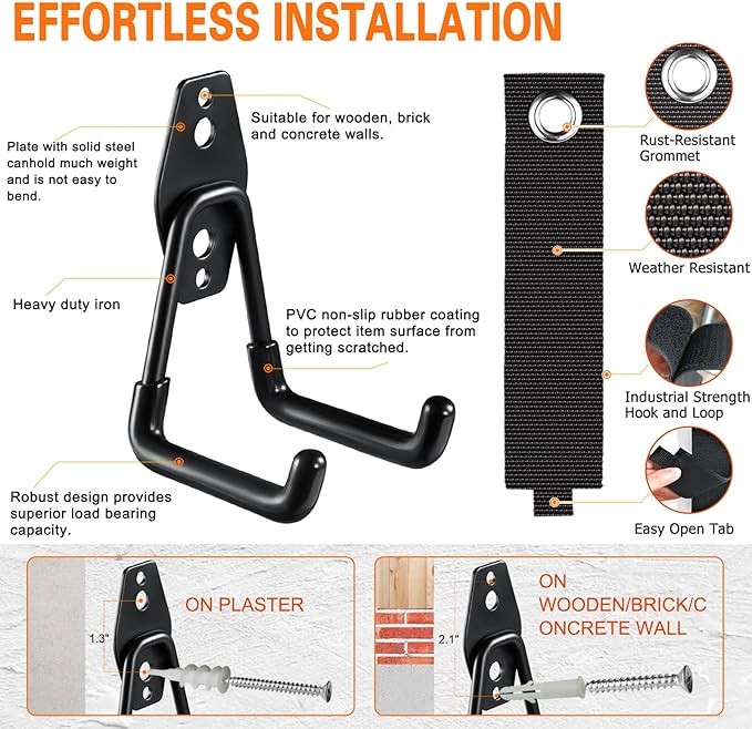 HUPBIPY 18 Pack Garage Hooks Heavy Duty Utility Steel with Anti-Slip Coating Wall Mount Storage Organizer for Hanging Power and Garden Tools, Ladders, Hose, Bikes, Ropes, Bulk Items, and More
