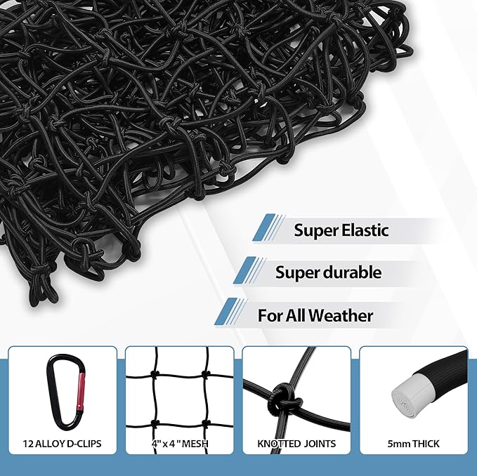 Cargo Net for Pickup Truck Bed 4' x 4' Stretches to 8' x 8' with 12 Metal Carabiners - Truck Bed Accessories for Dodge RAM, Ford, Chevy, Toyota