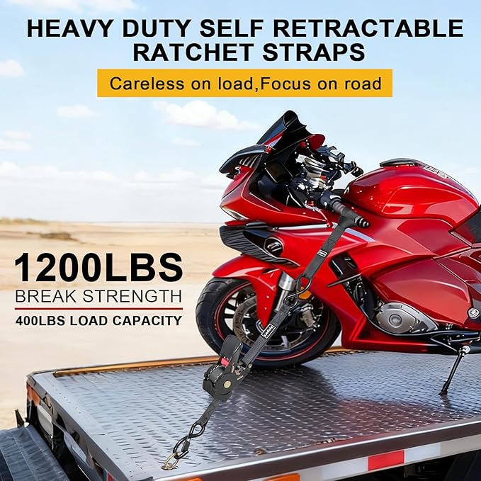 Ayaport Retractable Ratchet Straps 1in x 12.5ft – Heavy Duty 1200lbs Break Strength Ratchet Straps Self Retractable Tie Down with S Hooks for Motorcycles, Dirt Bikes, Atvs, Trucks, Cargo, Trailers