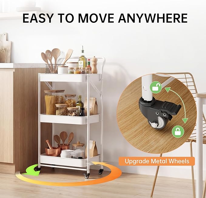 JAQ Foldable Rolling Cart, 3-Tier No Assembly Metal Utility Cart with Handle, Heavy Duty Folding Storage Trolley Organizer on Wheels for Kitchen, Office, Craft Art, Baby Diaper, Snacks, Books, White