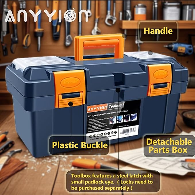 Anyyion 17 inch Tool Box with Removable Tray, Small Parts Box On The Lid is Removable, Tray Can be Removed and Combined at Will（Internal Size:16.3"L*7.8"W*6.5"H ）