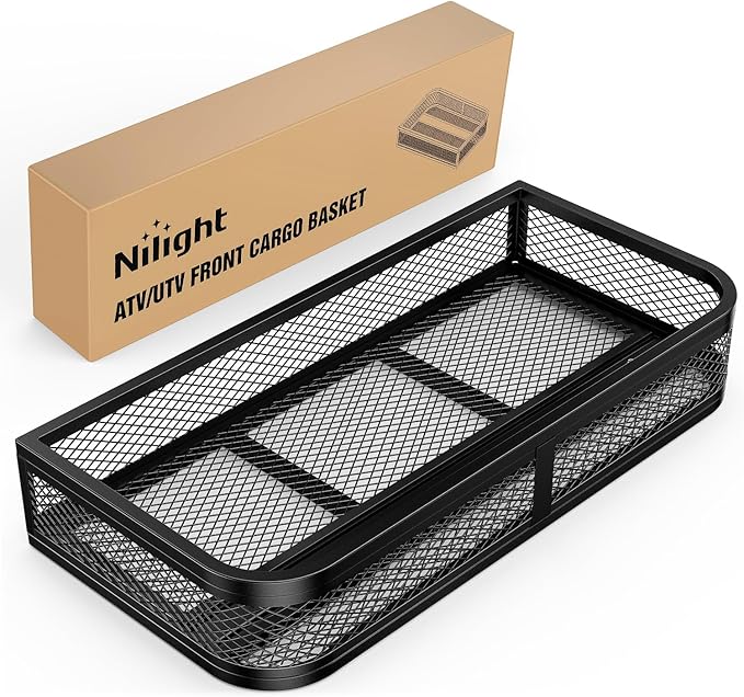 Nilight ATV Front Cargo Basket, 17" W x 36" L x 6.3" H Racks and Baskets with Steel Mesh Frame, Heavy Duty ATV Storage Cargo Box Attachments for Luggage Carrier