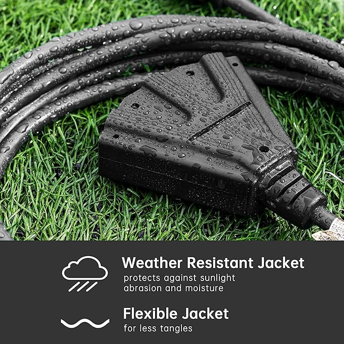 3-Outlets Indoor Outdoor Extension Cord Weatherproof, UL Certified, 16 Gauge 25FT Black 3 Prong Heavy Duty, 16/3 SJTW 13A Power Cord