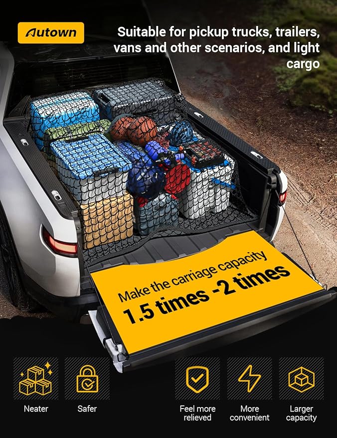 AUTOWN Cargo Net for Pickup Truck Bed - Stretchable 4'x4' to 7'x7', High Elastic Fine Mesh 1''x1'' with 8 Metal Carabiners - Ideal for ATV, SUV, UTV, Truck and Boat Use (Double Layer)