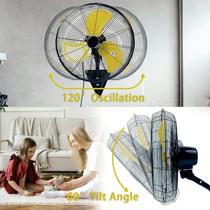 Bestronair 20 in Wall Mount Fan Oscillating Wall Fan with 3 Speed High Velocity Wall Mounted Fans Heavy Duty for Garage, Patio, Industrial, Shop, Commercial Indoor Outdoor Metal Fans, Yellow