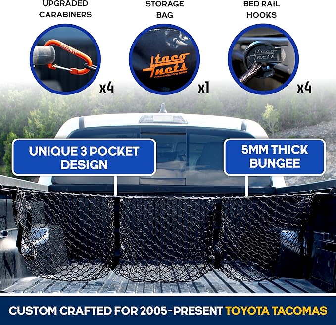 TacoNets Three Pocket Cargo Net for 2005-2026 Toyota Tacoma - Patented Design - Premium Truck Bed Organizers & Storage - Grocery Holder - Designed in USA