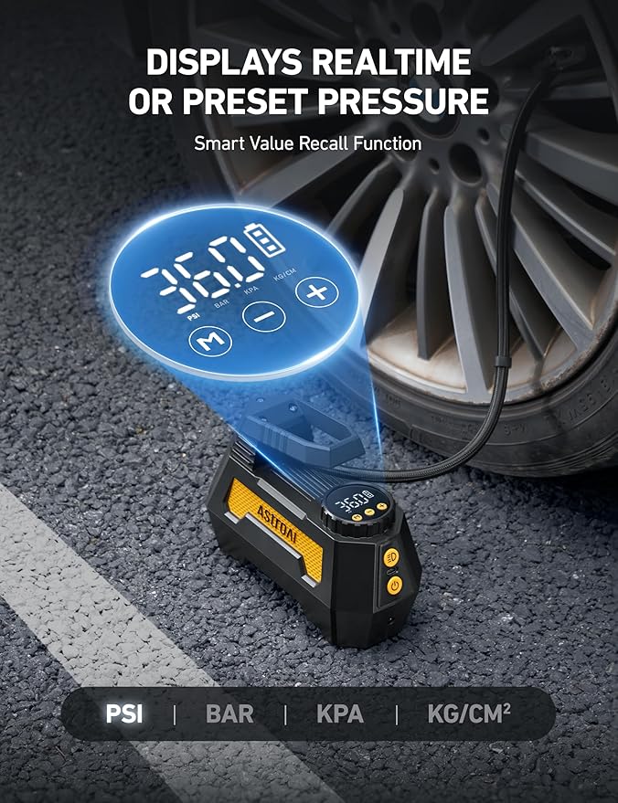 AstroAI H2 Pro Tire Inflator Portable Air Compressor Fully Upgraded Cordless Tire Inflator with DC 12V & Battery Dual Power Supplies Fast Inflation Air Pump for Car Tires Motorcycles Yellow