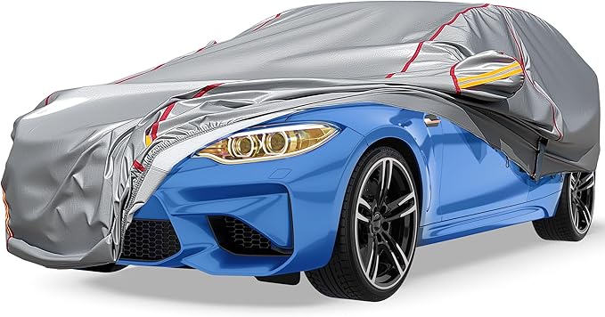 Car Cover Waterproof All Weather, 6 Layers Full Exterior Covers with Zipper Cotton, Mirror Pocket. Outdoor Car Cover UV Snow Rain Wind Dust All Weather Outdoor Protection for Sedan (173-183 inch)