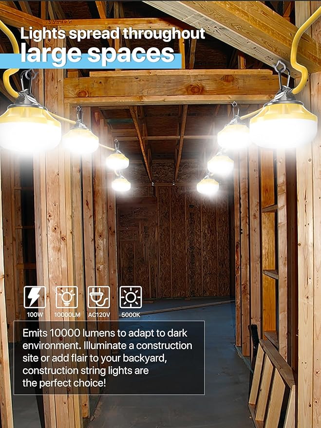 HYPERLITE Construction String Lights: 100FT 10 Bulbs Work Lights with 3 Prong - IP65 Waterproof Linkable LED Industrial Temporary Lighting for Construction Sites Attic Crawlspace Renovation