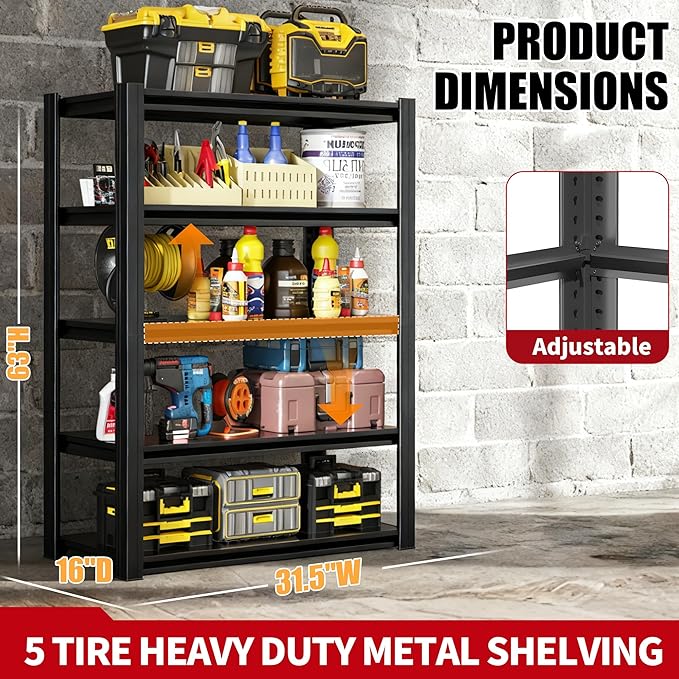 Storage Shelves, 5-Tier Garage Shelving, Adjustable Heavy Duty Shelving Units, Metal Industrial Utility Organizer Storage Racks for Basement, Kitchen, Warehouse, Pantry,16" D×31.5" W×63" H