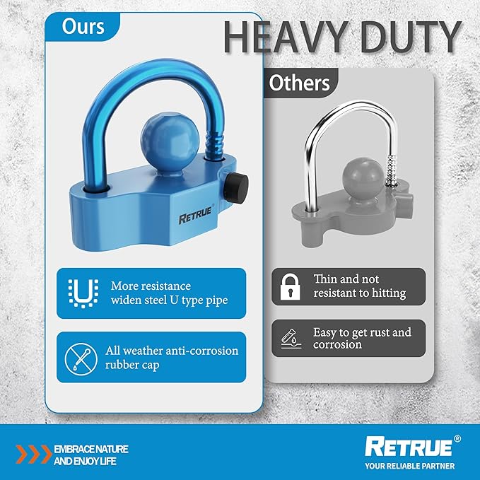 RETRUE Universal Coupler Lock Trailer Locks Ball Hitch Trailer Hitch Lock Adjustable Security Heavy-Duty Steel Fits 1-7/8 Inch, 2 Inch, 2-5/16 Inch Couplers Blue & Blue